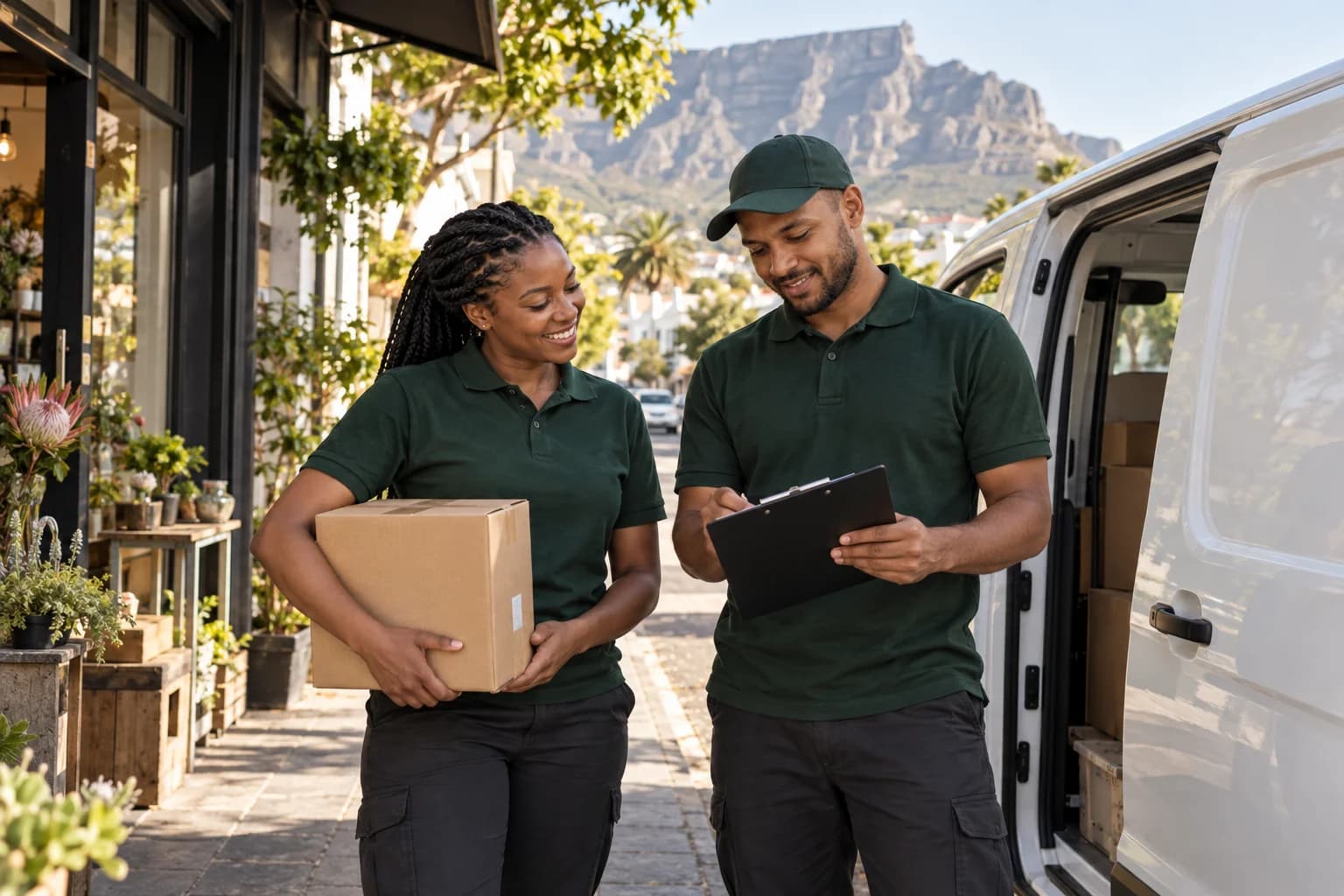 Two courier colleagues preparing a parcel beside a delivery van on a Cape Town street