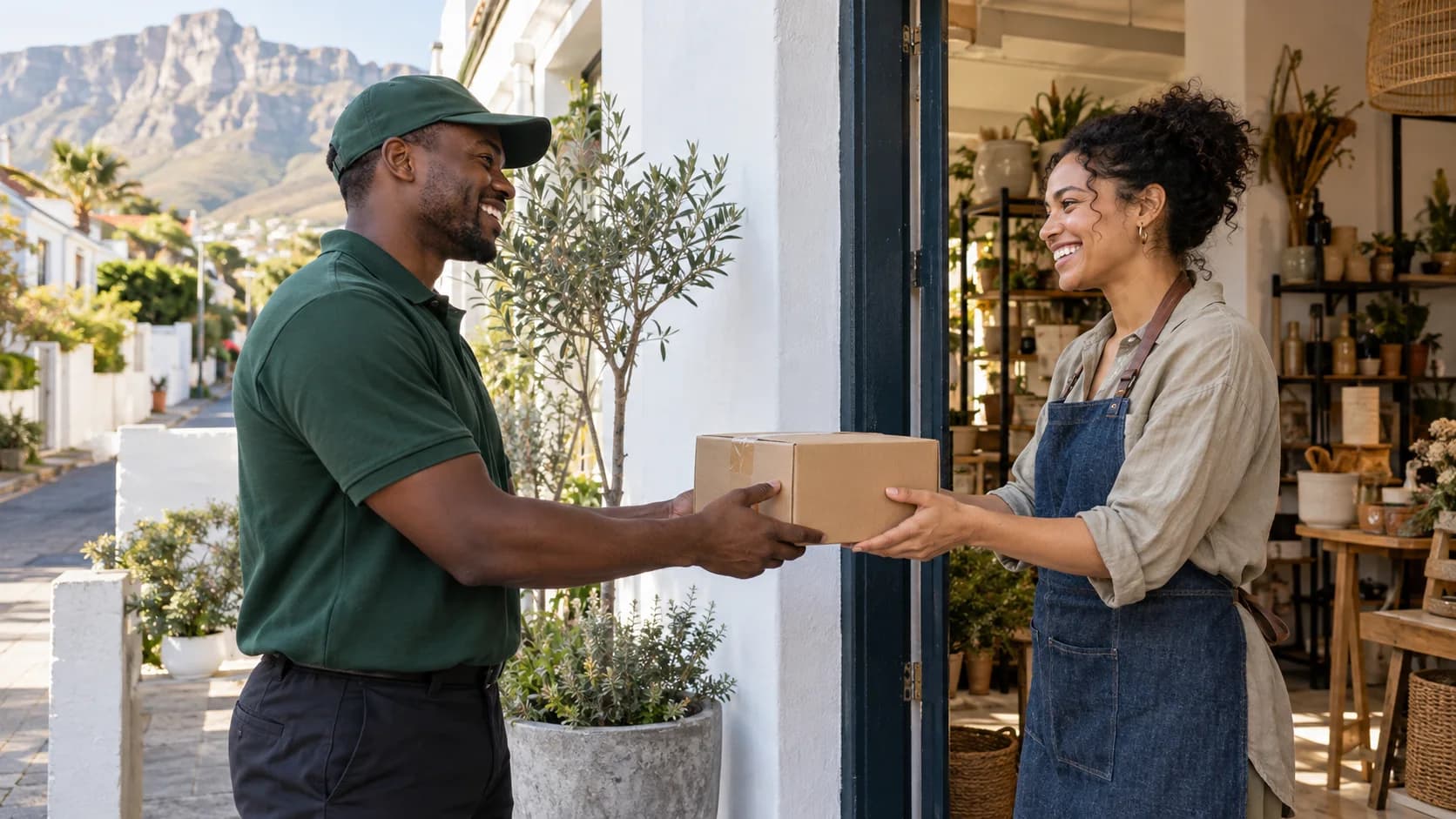 A courier handing a parcel to a customer at her shop doorway