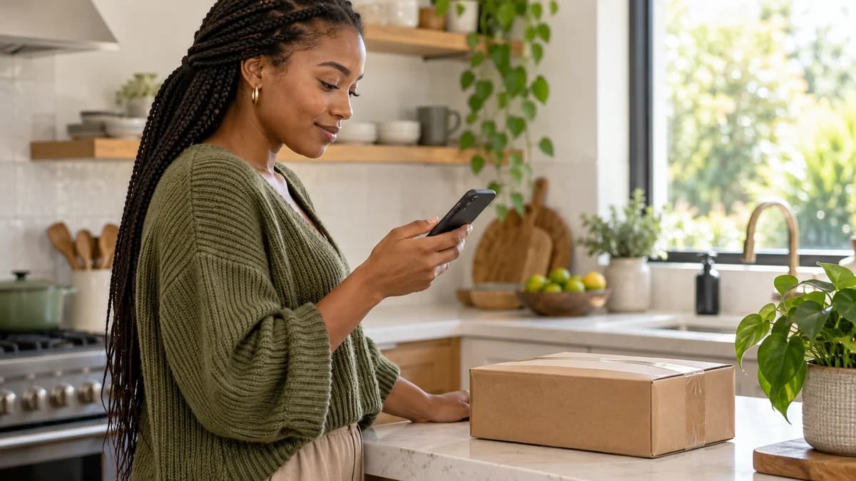 A customer checking her phone beside a delivery parcel